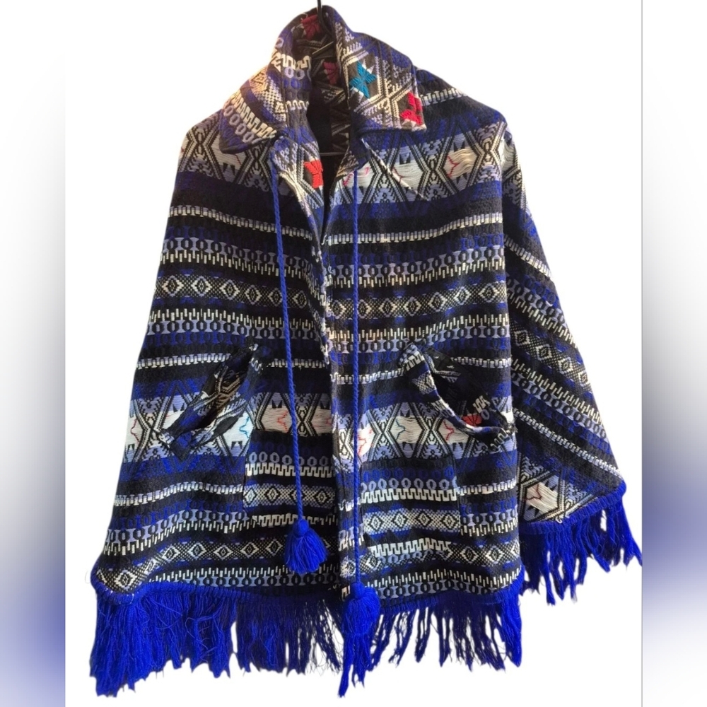 Vintage Cobalt Blue Poncho Bohemian